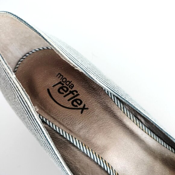 Moda Reflex Cork Wedge Peep Toe Shoes 9.5M Navy White Stripe Fabric New - Picture 7 of 9